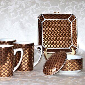 Japanese Art Deco Porcelain Snack Set | Mugs Snack Plate Sugar Bowl